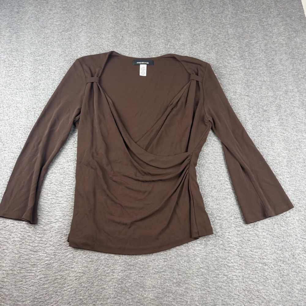 Jones New York Blouse Women's Medium Brown Faux Wrap Surplice Long Sleeve Top
